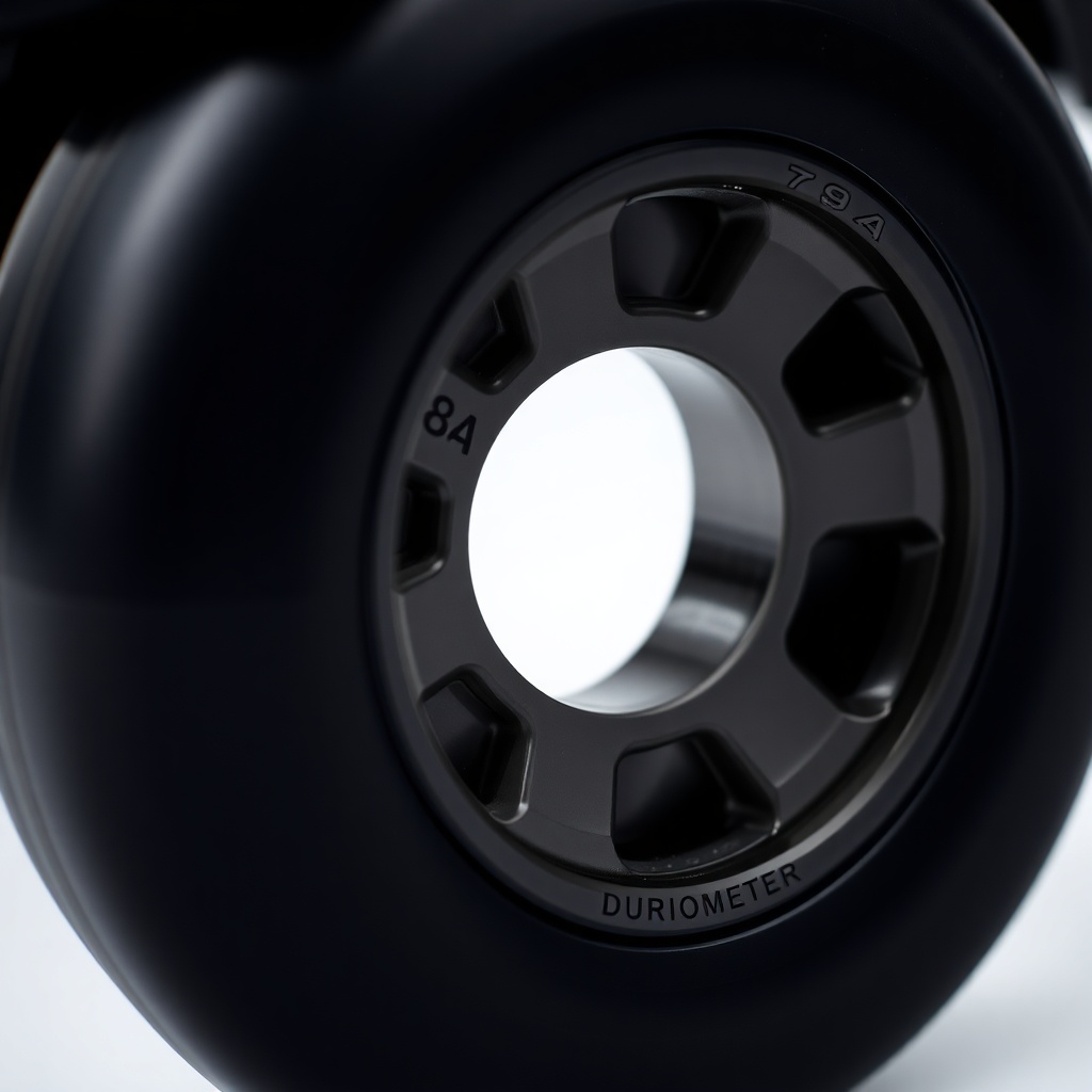 인라인 스케이트 휠 측면에 인쇄된 84A 경도 표시와 브랜드 로고가 선명하게 보이는 모습