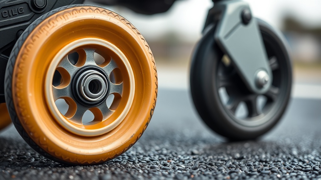 거친 아스팔트와 매끄러운 트랙 등 다양한 노면 환경을 비교하는 인라인 스케이트 휠의 모습