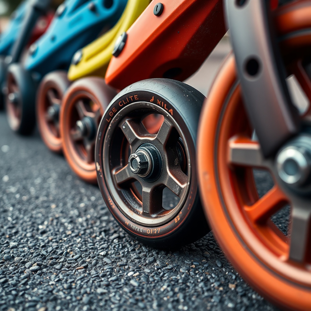 야외 아스팔트 바닥 위에 놓인 다양한 색상의 인라인 스케이트 휠들이 마모 상태를 보여주는 모습