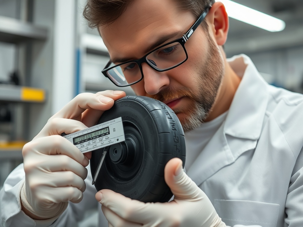전문가가 듀로미터 측정기를 사용하여 폴리우레탄 휠의 표면 경도를 정밀하게 측정하고 있는 장면